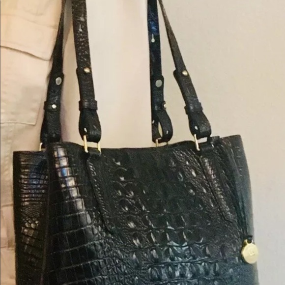 BRAHMIN LARGE CROC EMBOSSED LEATHER BUCKET BAG BLACK MELBOURNE - Picture 5 of 10